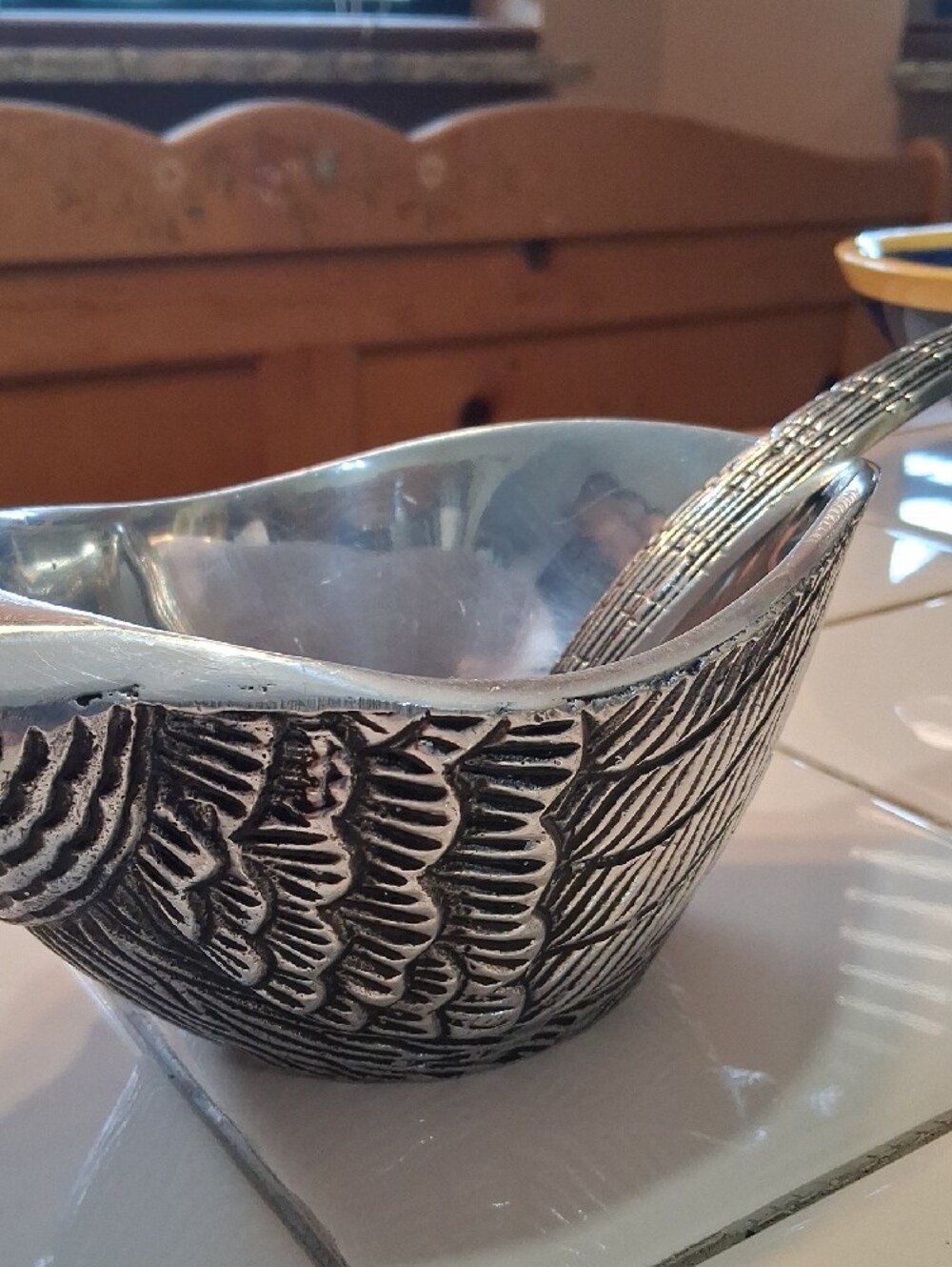 RARE FIND Pottery Barn Silvertone Pewter Pheasant Sauce Bowl With Tail Ladle. - Picture 7 of 16